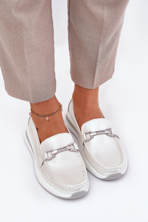Leather Women's Moccasins With Decoration D&A LR51-966 Silver Leather Women's Moccasins With Decoration D&A LR51-966 Silver