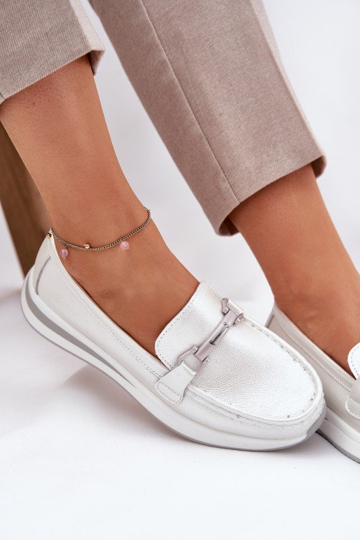 Leather Women's Moccasins With Decoration D&A LR51-966 Silver Leather Women's Moccasins With Decoration D&A LR51-966 Silver