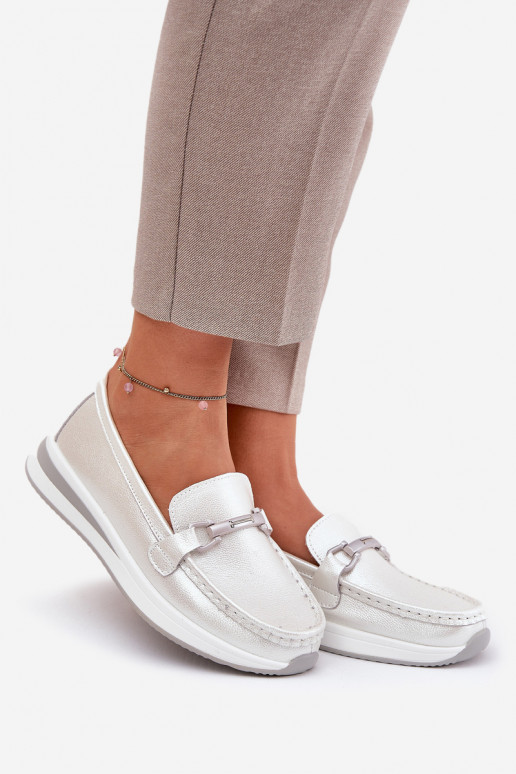 Leather Women's Moccasins With Decoration D&A LR51-966 Silver Leather Women's Moccasins With Decoration D&A LR51-966 Silver