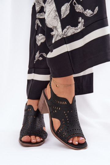 Ladies Perforated Sandals On Heel Black Tosine
