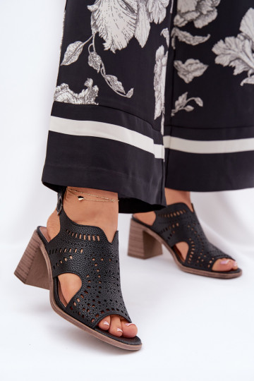 Ladies Perforated Sandals On Heel Black Tosine 2