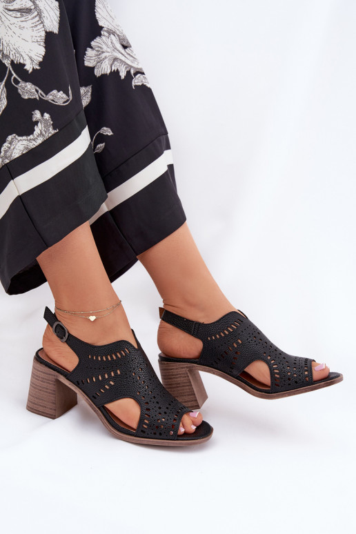 Ladies Perforated Sandals On Heel Black Tosine