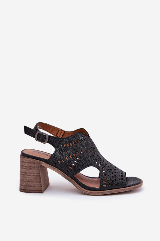 Ladies Perforated Sandals On Heel Black Tosine