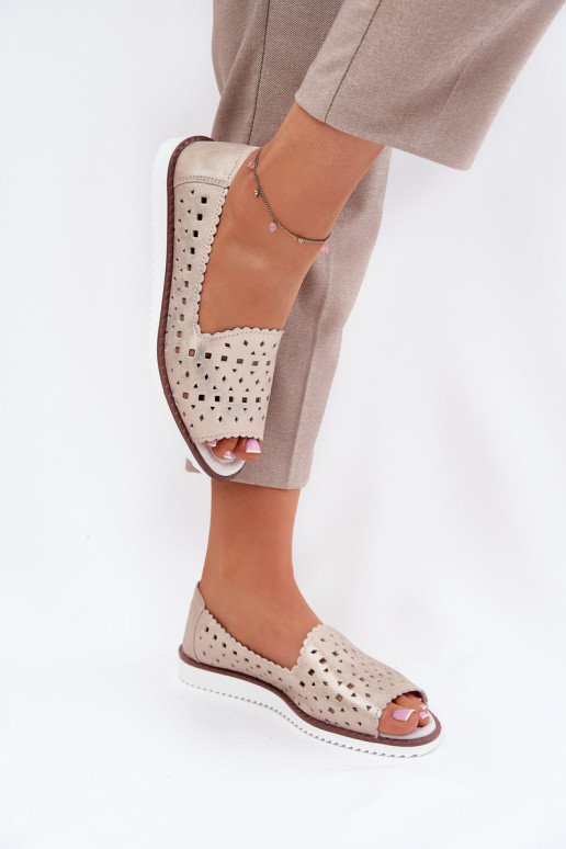 Leather Perforated Ballet Flats With Open Toes S.Barski LR51-922 Beige