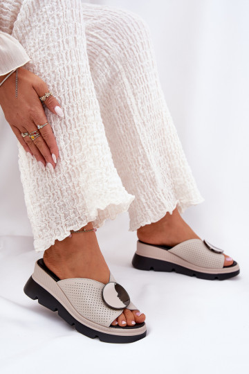 Ladies Leather Sandals With Decoration Beige S.Barski LR51-662