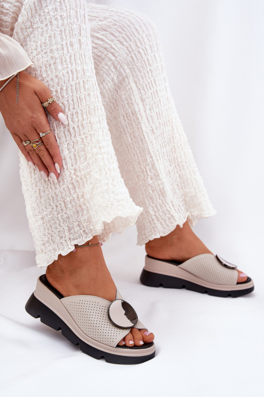 Ladies Leather Sandals With Decoration Beige S.Barski LR51-662