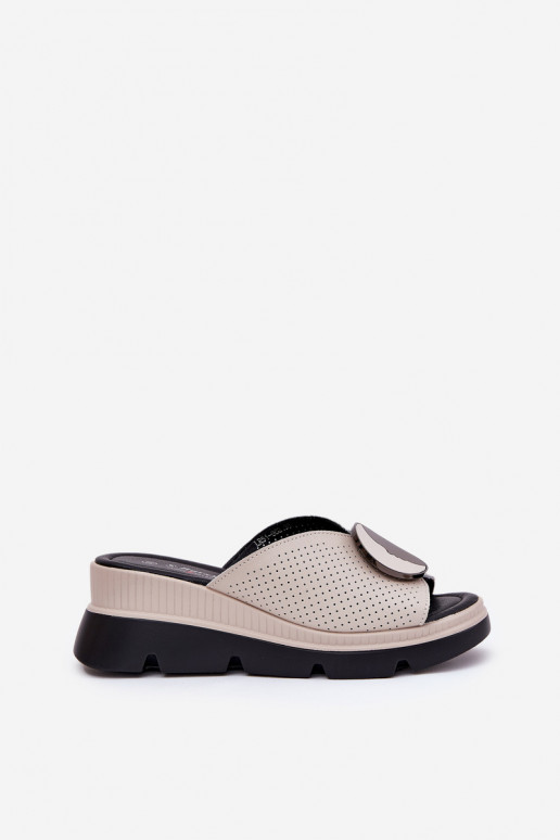 Ladies Leather Sandals With Decoration Beige S.Barski LR51-662