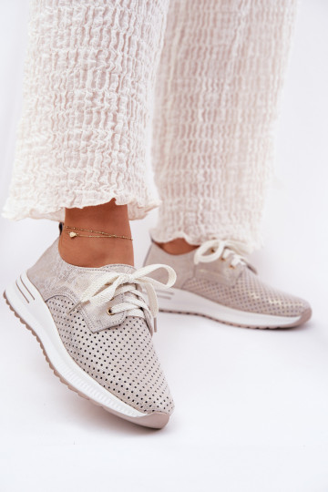 Skórzane Lekkie Półbuty Damskie Na Platformie Artiker 56C2113 Beżowo-Złote 2