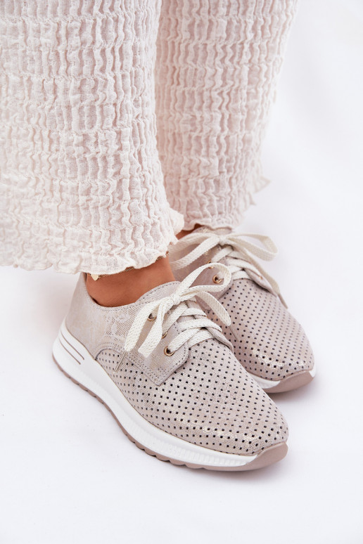 Skórzane Lekkie Półbuty Damskie Na Platformie Artiker 56C2113 Beżowo-Złote