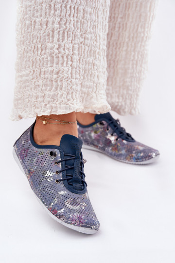 Ladies Leather Derby Shoes Made Of Natural Leather Patterned Artiker 56C2691 Blue