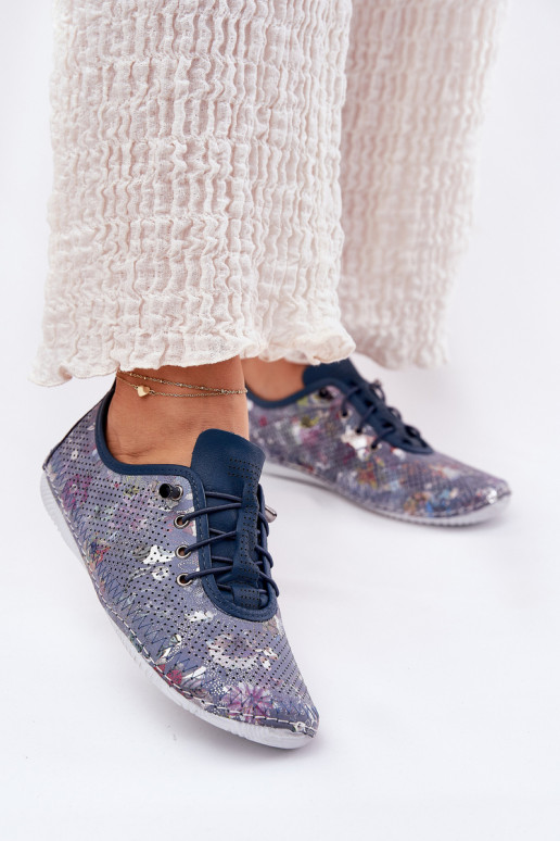 Ladies Leather Derby Shoes Made Of Natural Leather Patterned Artiker 56C2691 Blue