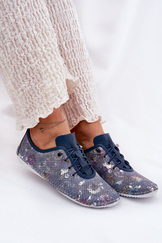 Ladies Leather Derby Shoes Made Of Natural Leather Patterned Artiker 56C2691 Blue