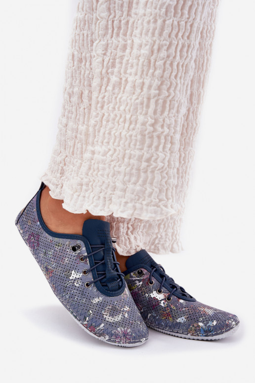 Ladies Leather Derby Shoes Made Of Natural Leather Patterned Artiker 56C2691 Blue