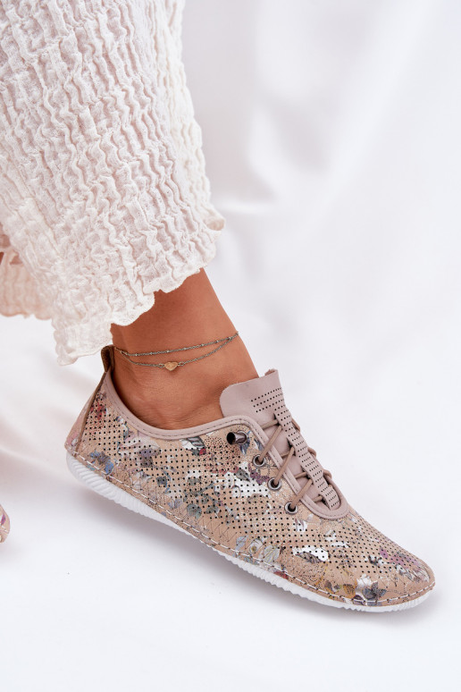 Półbuty Damskie Ze Skóry Naturalnej Wzorzyste Artiker 56C2689 Beżowe