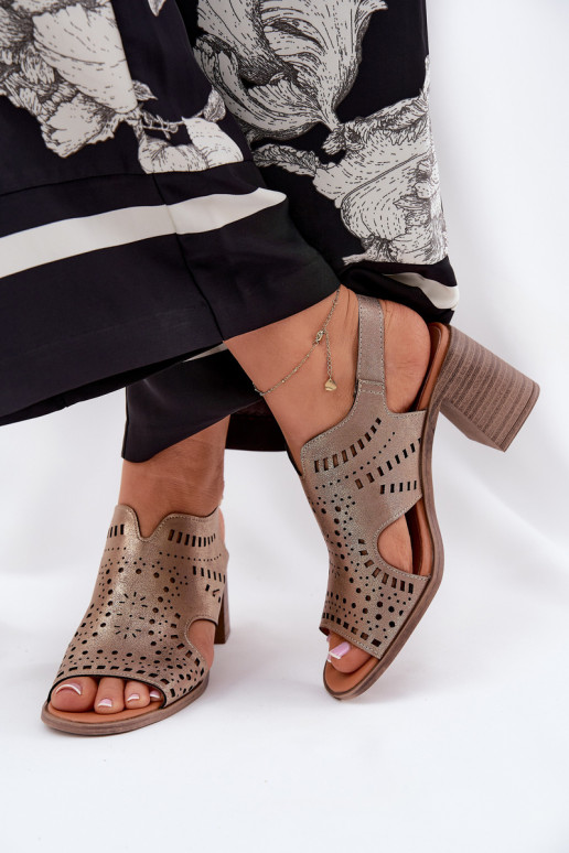 Ladies Perforated Sandals On A Heel Gold Tosine Ladies Perforated Sandals On A Heel Gold Tosine