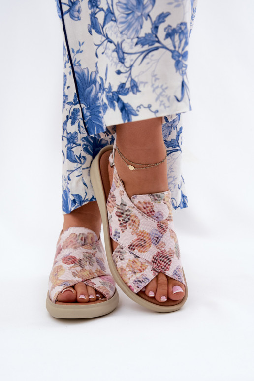 Ladies sandals made of eco leather with flowers multicolor Tosmelia