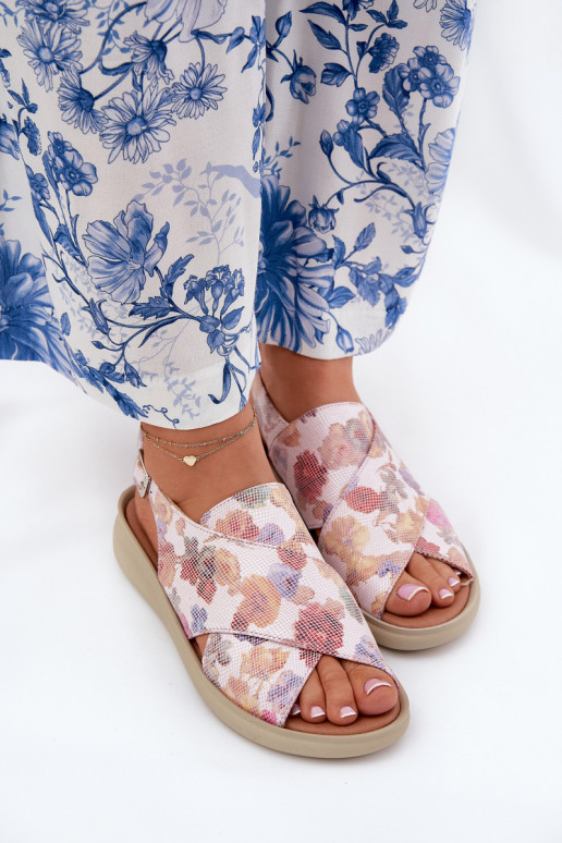 Ladies sandals made of eco leather with flowers multicolor Tosmelia