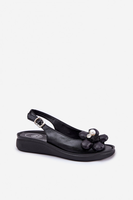Ladies Sandals With Decorative Flower Black Divonne