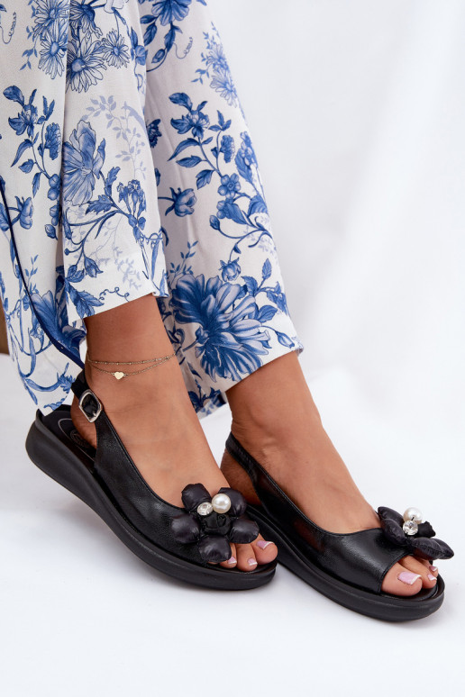 Sandały Damskie Z Ozdobnym Kwiatkiem Czarne Divonne