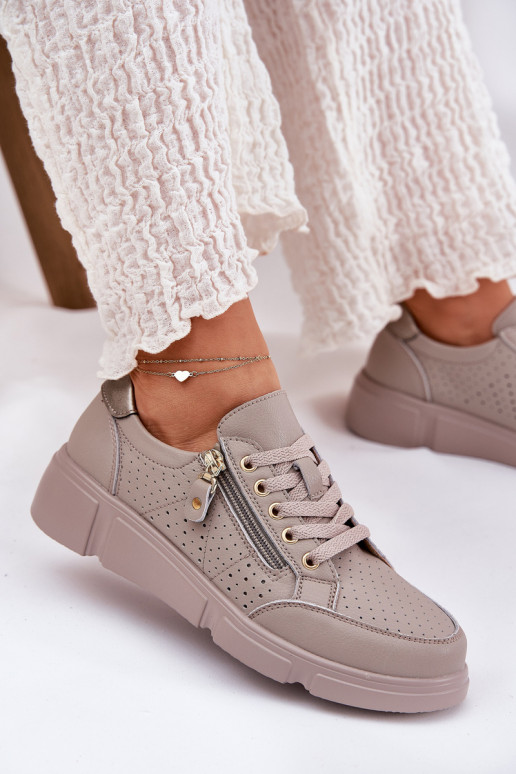 Leather Sports Shoes Sneakers On Platform With Zipper Vinceza 88019 Dark Beige Leather Sports Shoes Sneakers On Platform With Zipper Vinceza 88019 Dark Beige