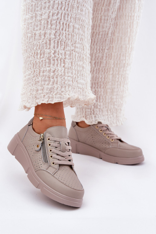 Leather Sports Shoes Sneakers On Platform With Zipper Vinceza 88019 Dark Beige Leather Sports Shoes Sneakers On Platform With Zipper Vinceza 88019 Dark Beige