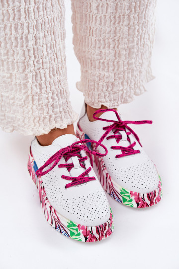 Women's Leather Sneakers On Patterned Platform Vinceza 88017 White