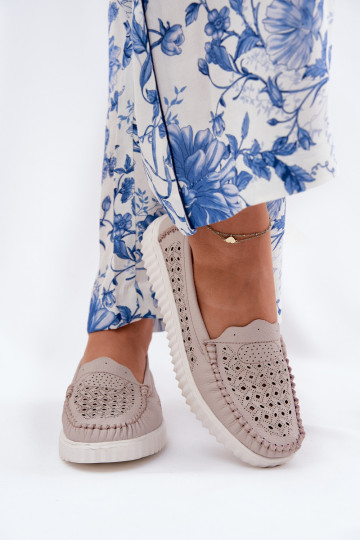 Leather Women's Moccasins With Openwork Pattern Vinceza 88028 Beige 2