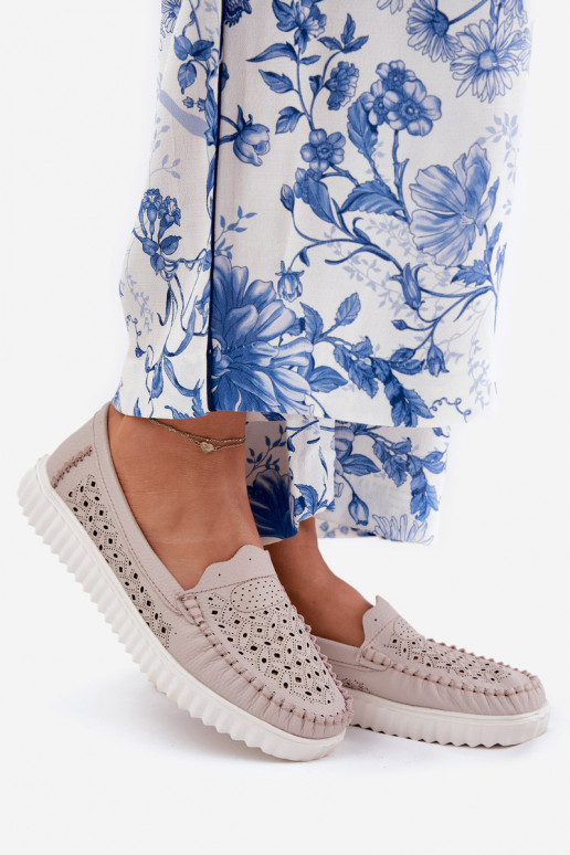 Skórzane Mokasyny Damskie Z Ażurowym Wzorem Vinceza 88028 Beżowe