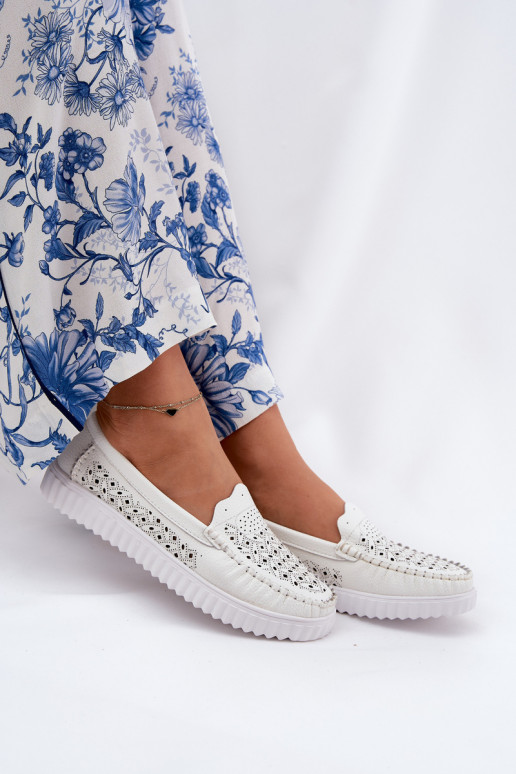 Leather Women's Moccasins With Openwork Pattern Vinceza 88028 White
