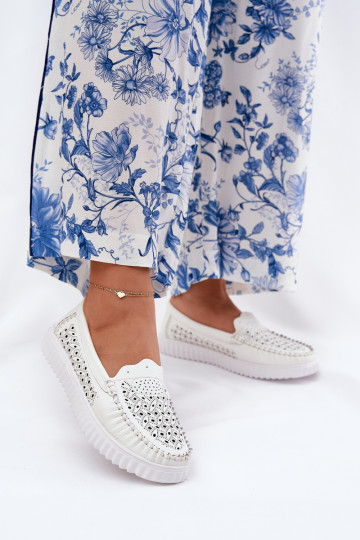 Leather Women's Moccasins With Openwork Pattern Vinceza 88028 White 2