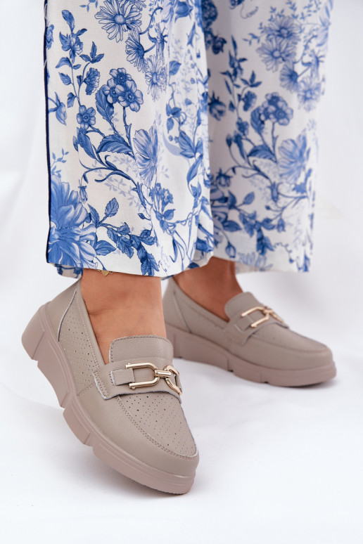 Ladies Leather Moccasins with Golden Detail Ciemnobeżowe Vinceza 88007