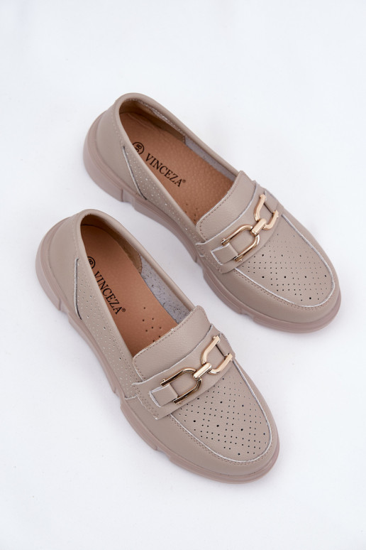 Ladies Leather Moccasins with Golden Detail Ciemnobeżowe Vinceza 88007