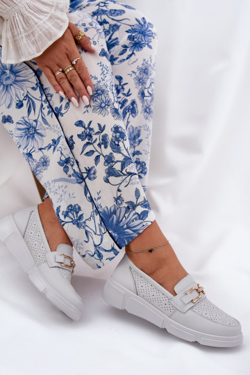 Mokasyny Damskie Skórzane Ze Złotym Detalem Vinceza 88007 Jasnoszare