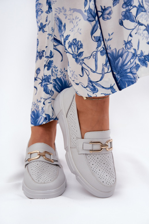 Women's Leather Loafers with Golden Detail Jasnoszare Vinceza 88007