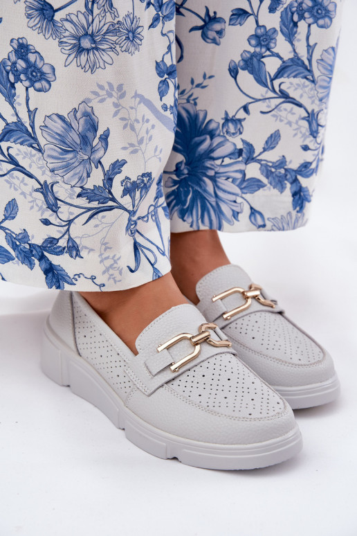 Women's Leather Loafers with Golden Detail Jasnoszare Vinceza 88007