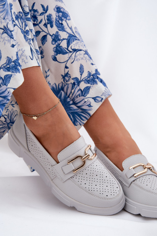 Women's Leather Loafers with Golden Detail Jasnoszare Vinceza 88007