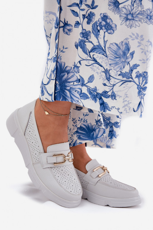 Mokasyny Damskie Skórzane Ze Złotym Detalem Vinceza 88007 Jasnoszare