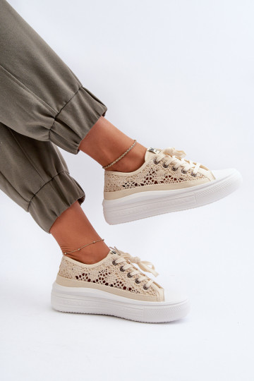 Koronkowe Trampki Damskie Lee Cooper LCW-23-44-1620 Beżowe 2