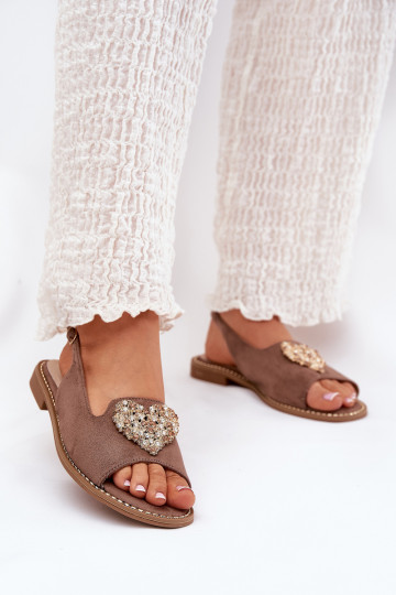 Ladies Sandals With Decorative Heart Dark Beige S.Barski KV27-018