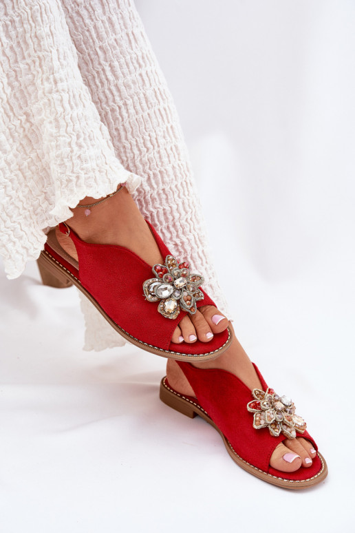 Sandały Damskie Na Płaskim Obcasie Z Ozdobą S.Barski KV27-001 Czerwone