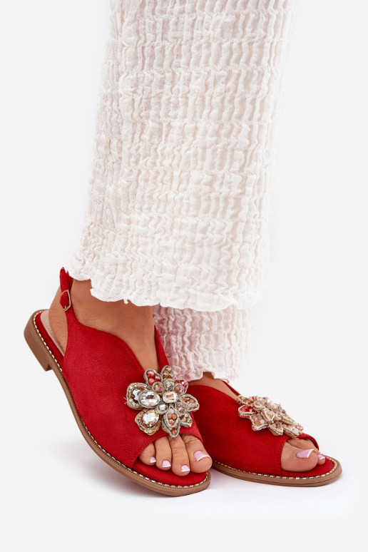 Sandały Damskie Na Płaskim Obcasie Z Ozdobą S.Barski KV27-001 Czerwone