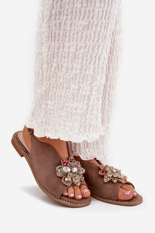 Ladies Sandals On Flat Heel With Decoration S.Barski KV27-001 Dark Beige