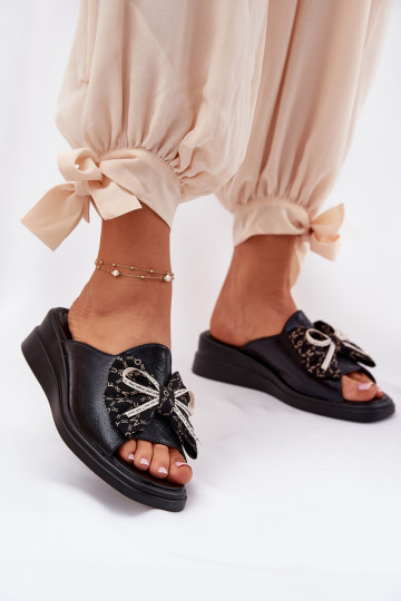 Women's Wedge Sandals With Bow Black Moonzella