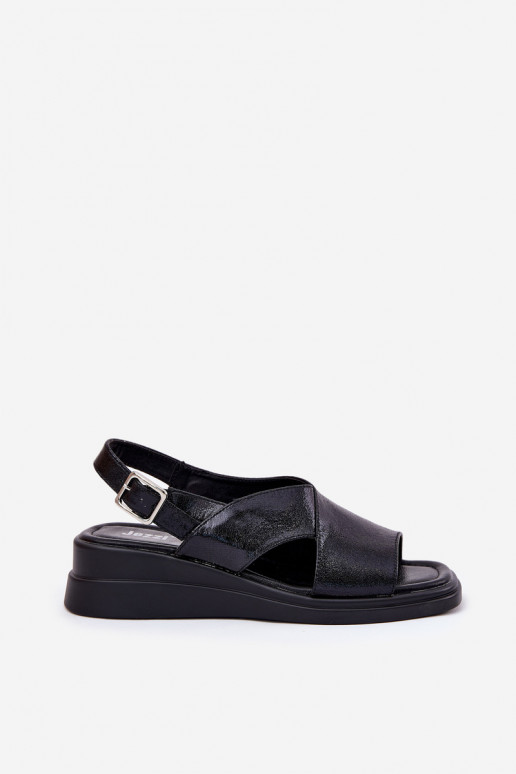 Lacquered Women's Wedge Sandals Made Of Eco Leather Black Quilara Lacquered Women's Wedge Sandals Made Of Eco Leather Black Quilara