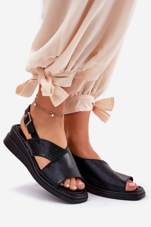 Lacquered Women's Wedge Sandals Made Of Eco Leather Black Quilara Lacquered Women's Wedge Sandals Made Of Eco Leather Black Quilara