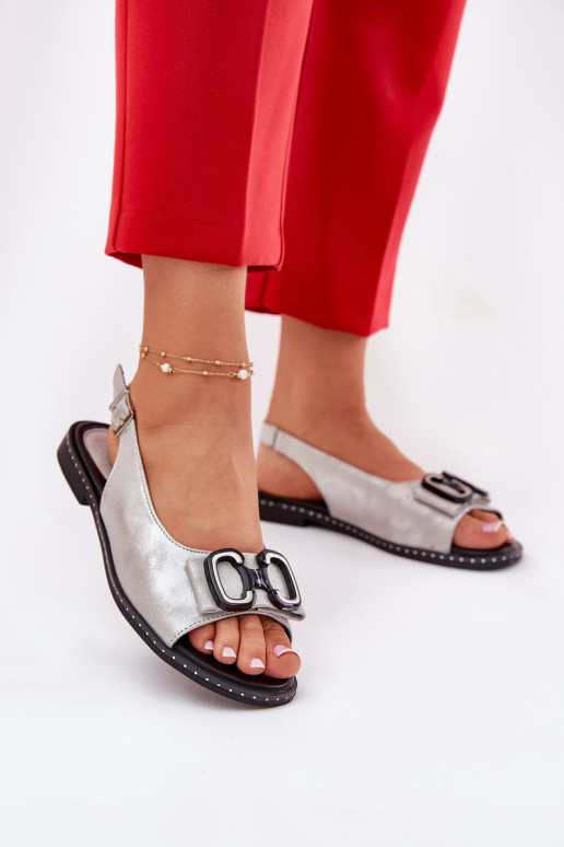 Flat Sandals With Decoration Eco Leather Silver Lilria Flat Sandals With Decoration Eco Leather Silver Lilria