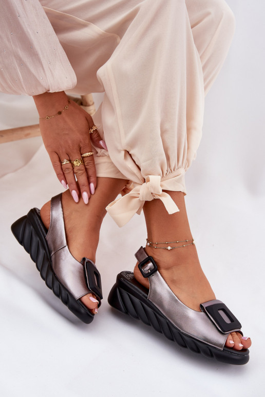 Ladies leather wedge sandals with decoration Artiker 56C2158 graphite Ladies leather wedge sandals with decoration Artiker 56C2158 graphite