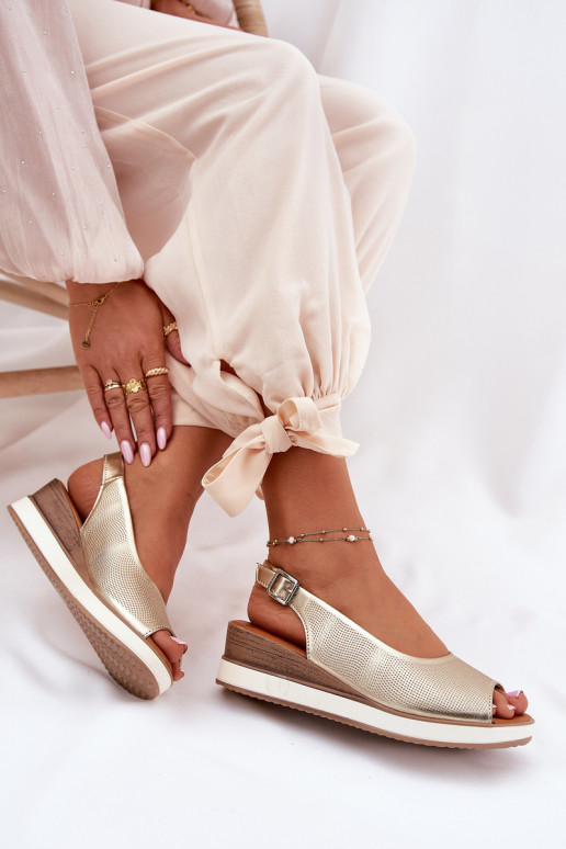 Skórzane Sandały Na Koturnie Artiker 56C2312 Złote