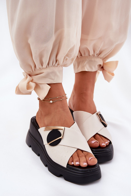 Elegant Ladies Leather Slippers On Wedge With Decoration Beige Artiker 56C1585 Elegant Ladies Leather Slippers On Wedge With Decoration Beige Artiker 56C1585