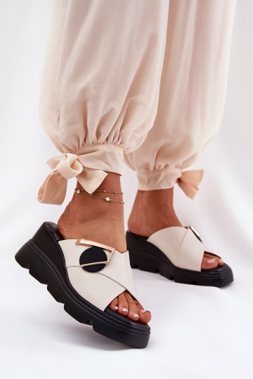 Elegant Ladies Leather Slippers On Wedge With Decoration Beige Artiker 56C1585 2